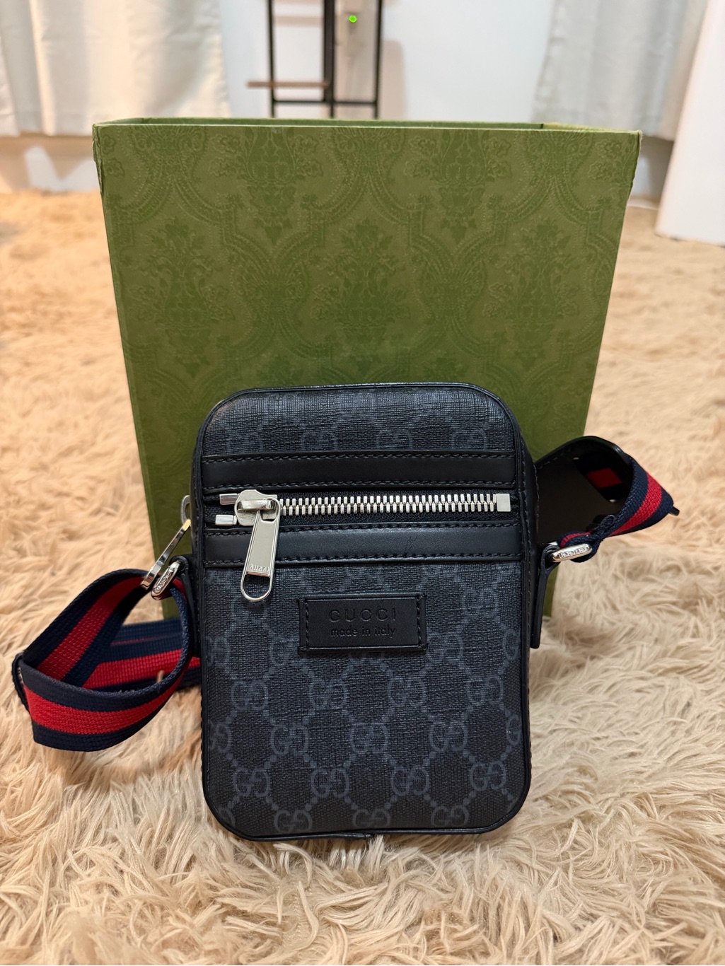Gucci Black Gg Supreme Messenger Crossbody With Red-Blue Web Strap